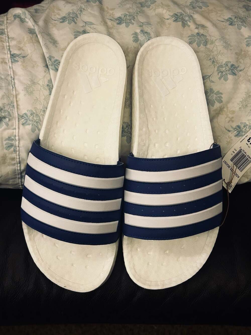 Adidas Adilette Boost Slides White and Blue Stripes